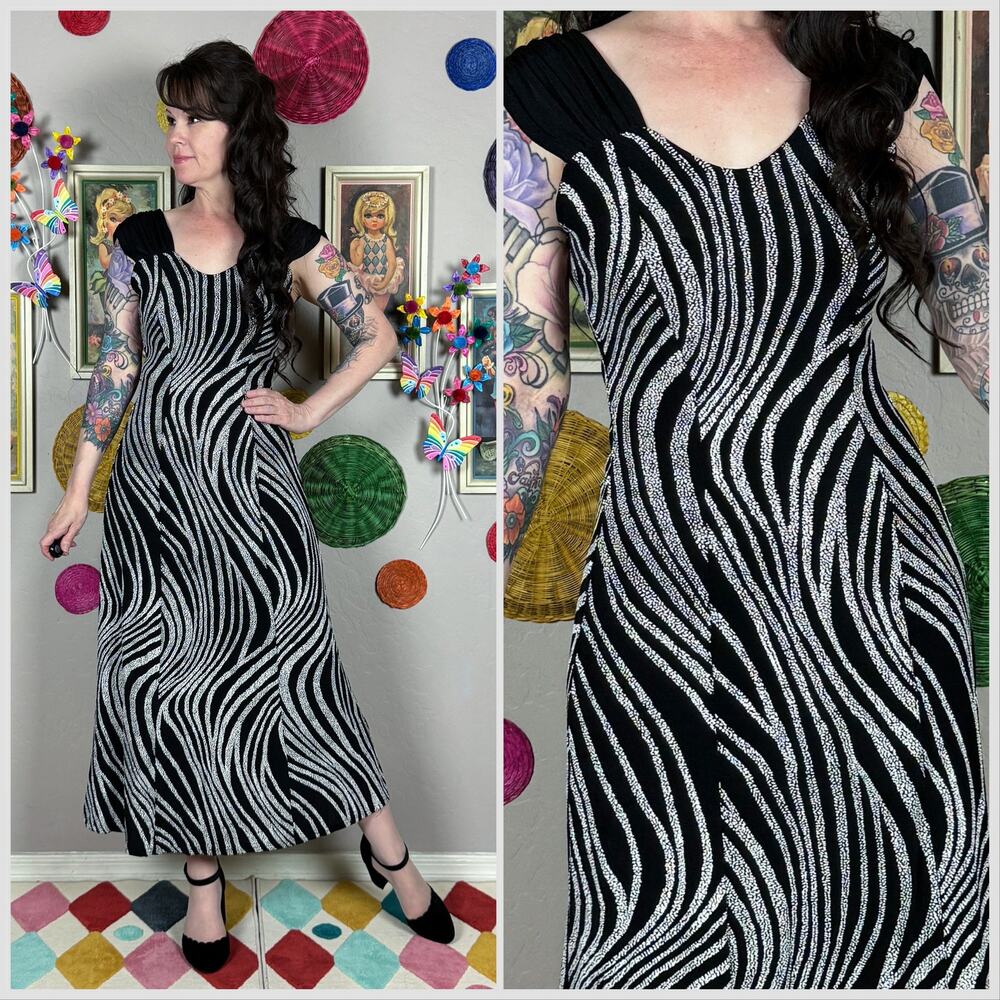 Vintage 1990s Abstract Zebra Print Slinky Midi Dr… - image 1